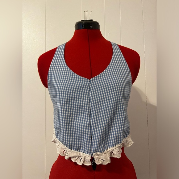 Blue and White Halter Crop Top Gingham - Picture 1 of 5
